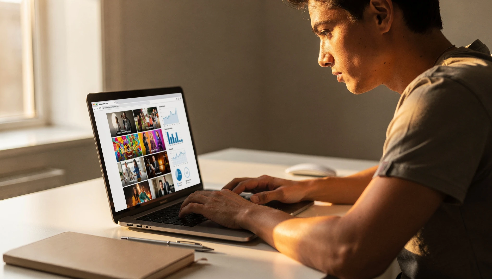 A person reviewing video analytics and thumbnails on a laptop at a clean minimal desk in morning window light