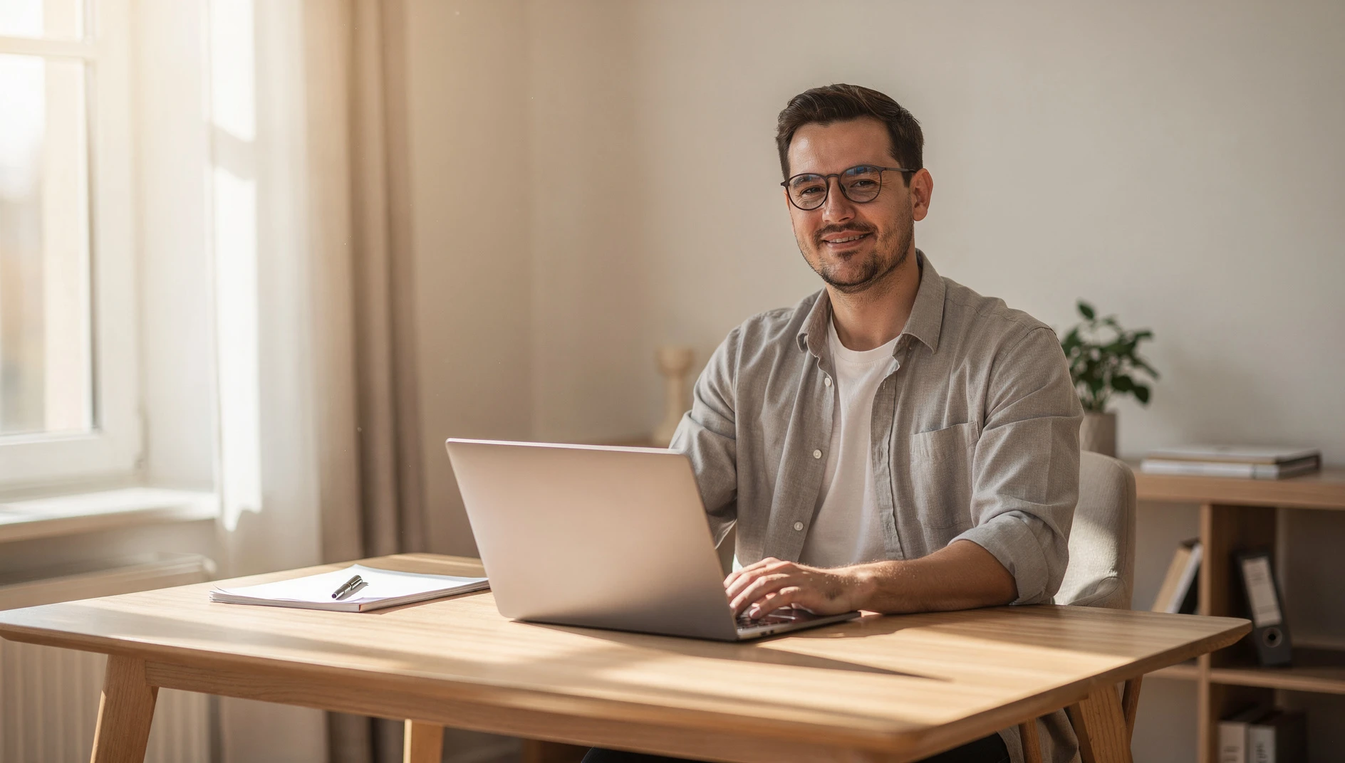 A professional on a video call at a home office desk with a laptop open in a bright airy room with a relaxed and engaged expression