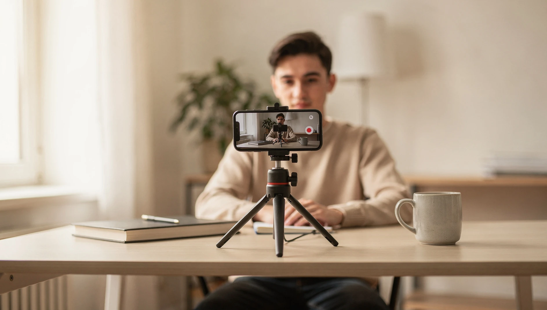 A person recording a video on a smartphone on a tripod at a bright home desk with a notebook and coffee nearby
