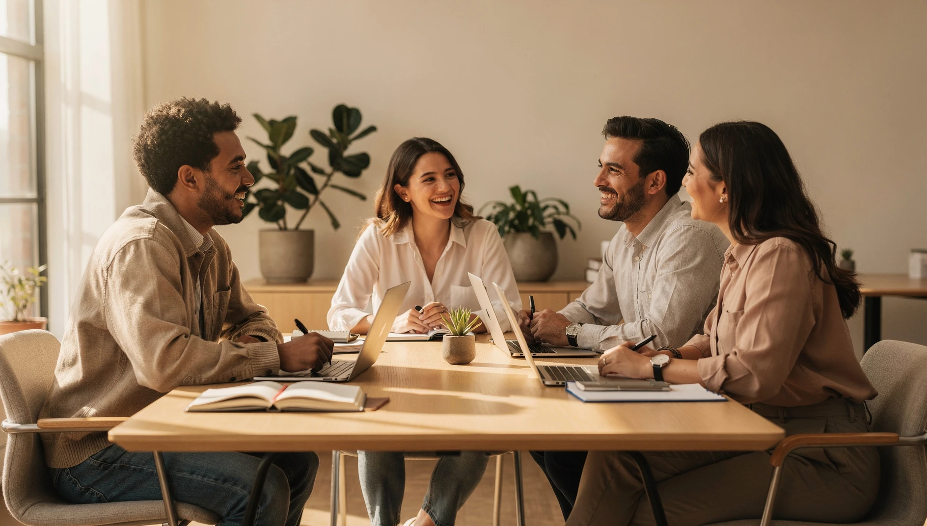 A small group of four people in a relaxed discussion around a table with natural light in a modern space