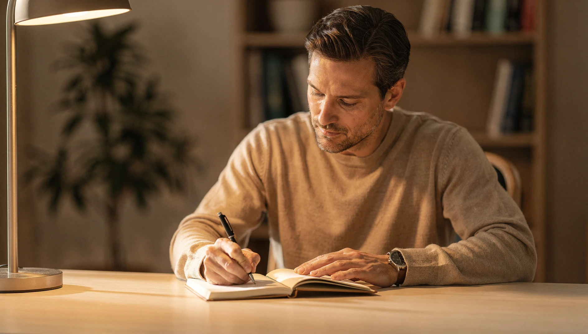 A coach writing brief notes in a small notebook during a session in warm office light