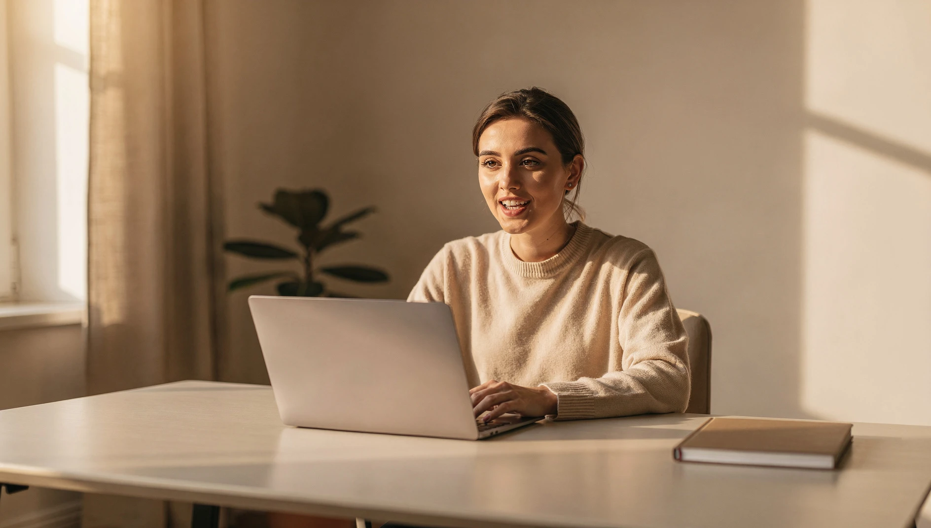 A person on a video call at a clean home office desk with warm window light and an engaged expression