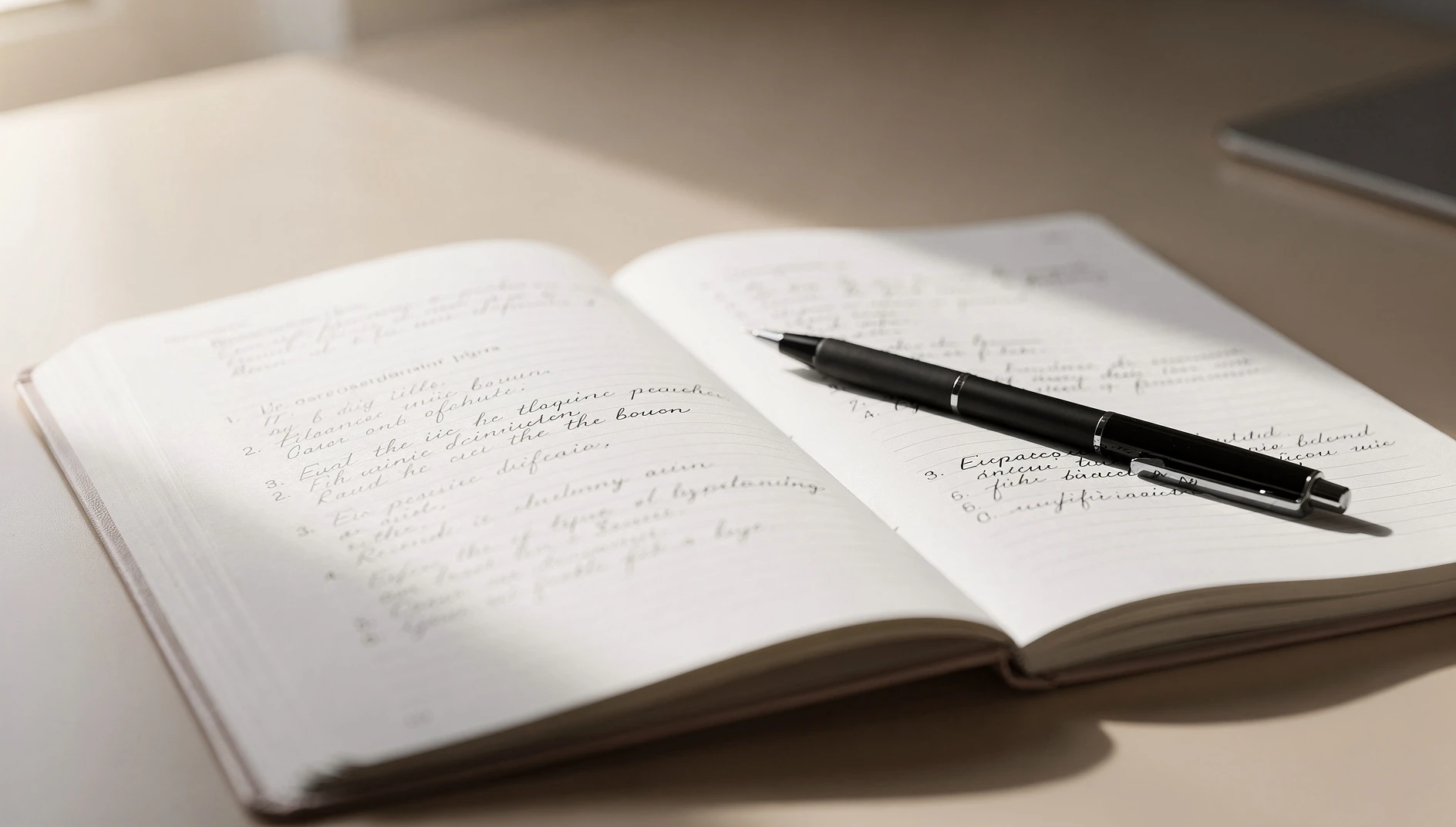 An open workbook with written exercises and a pen on a bright desk in natural light