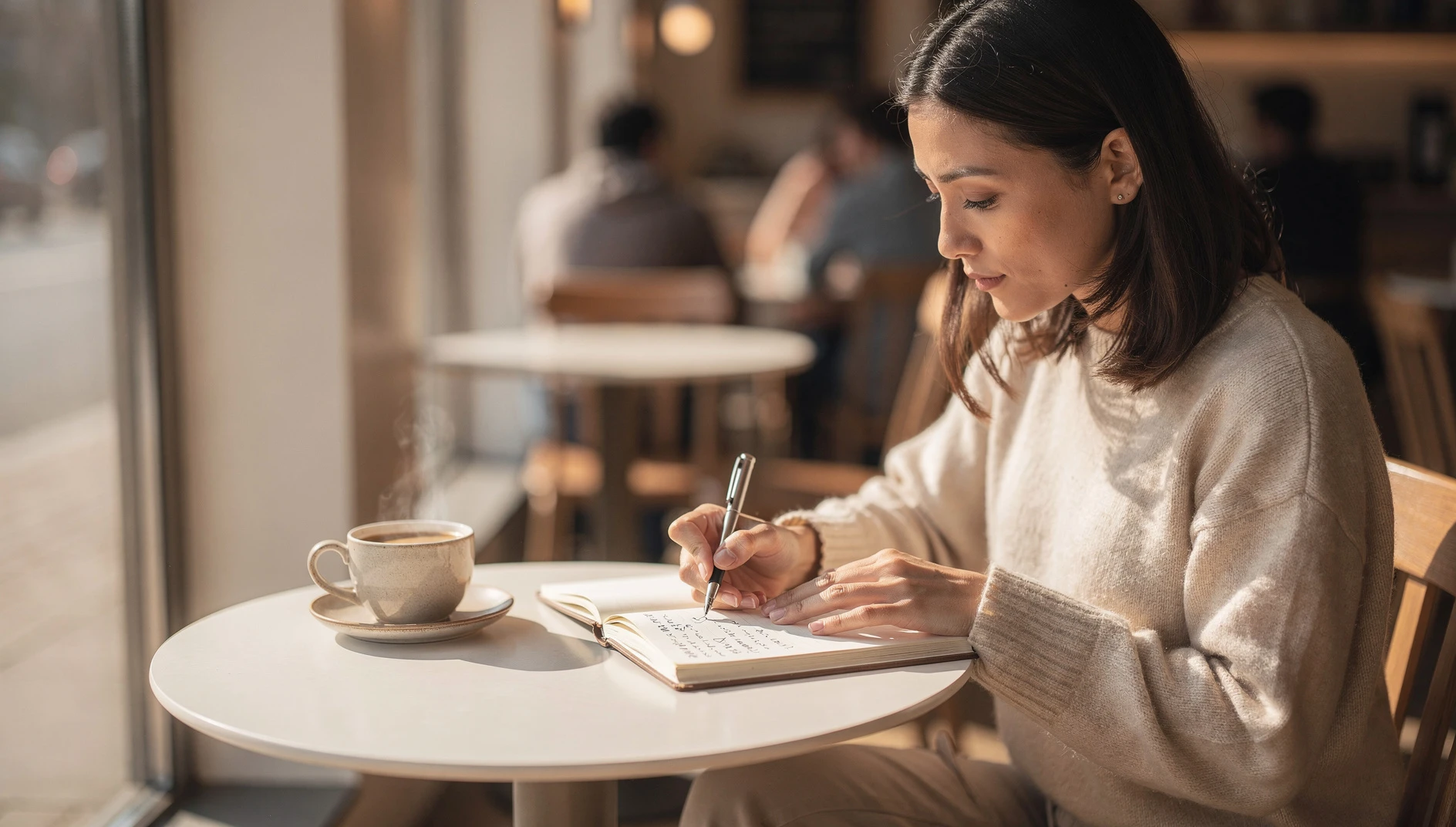 A person checking items off a list in a notebook at a bright café table with morning light