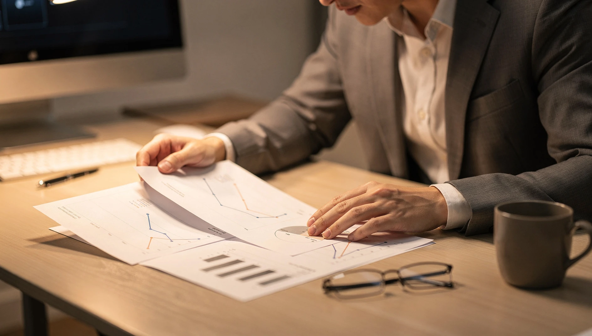 A professional reviewing a printed report with charts and graphs at a desk in warm office light