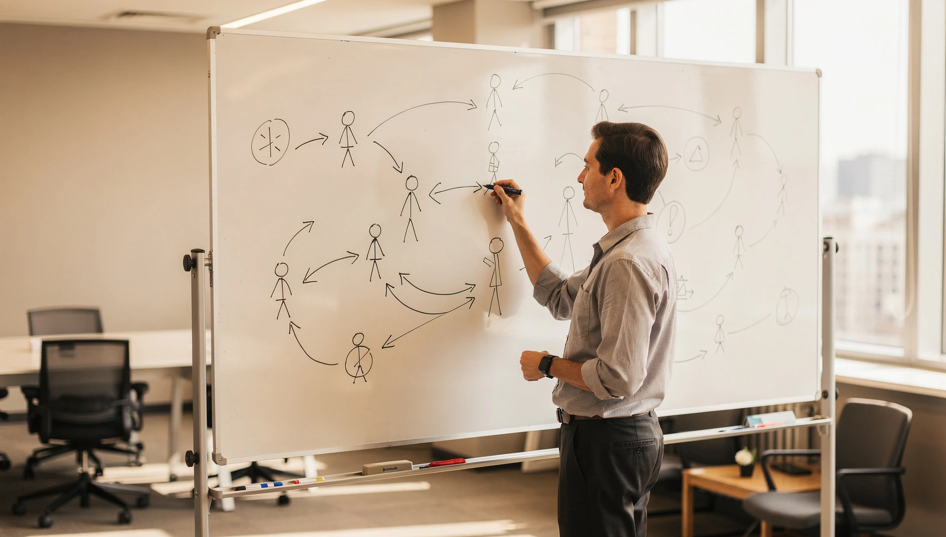 A person writing detailed notes on a whiteboard with diagrams and arrows in a bright office