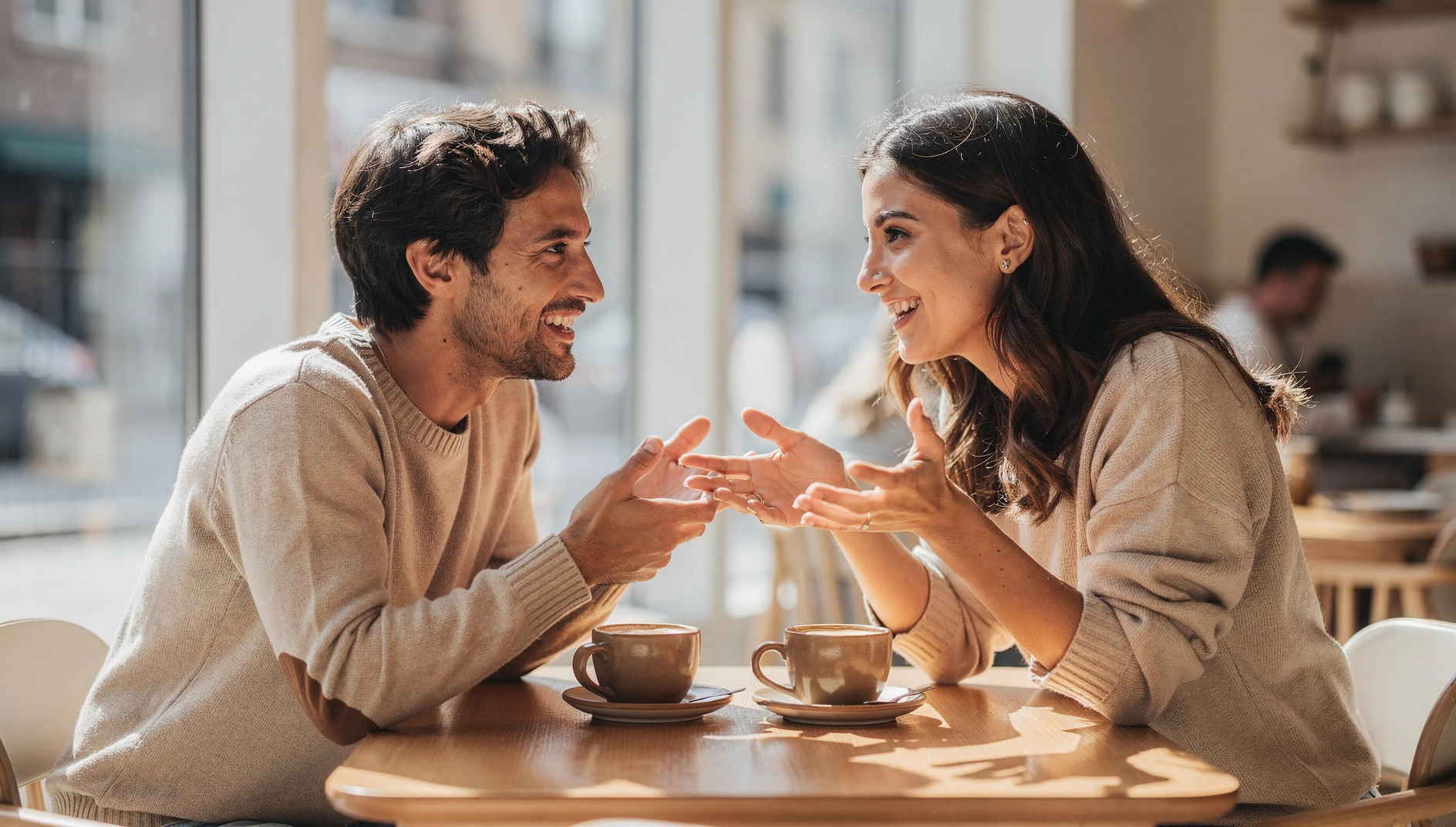 Two people having a warm genuine conversation over coffee at a bright cafe table in natural light